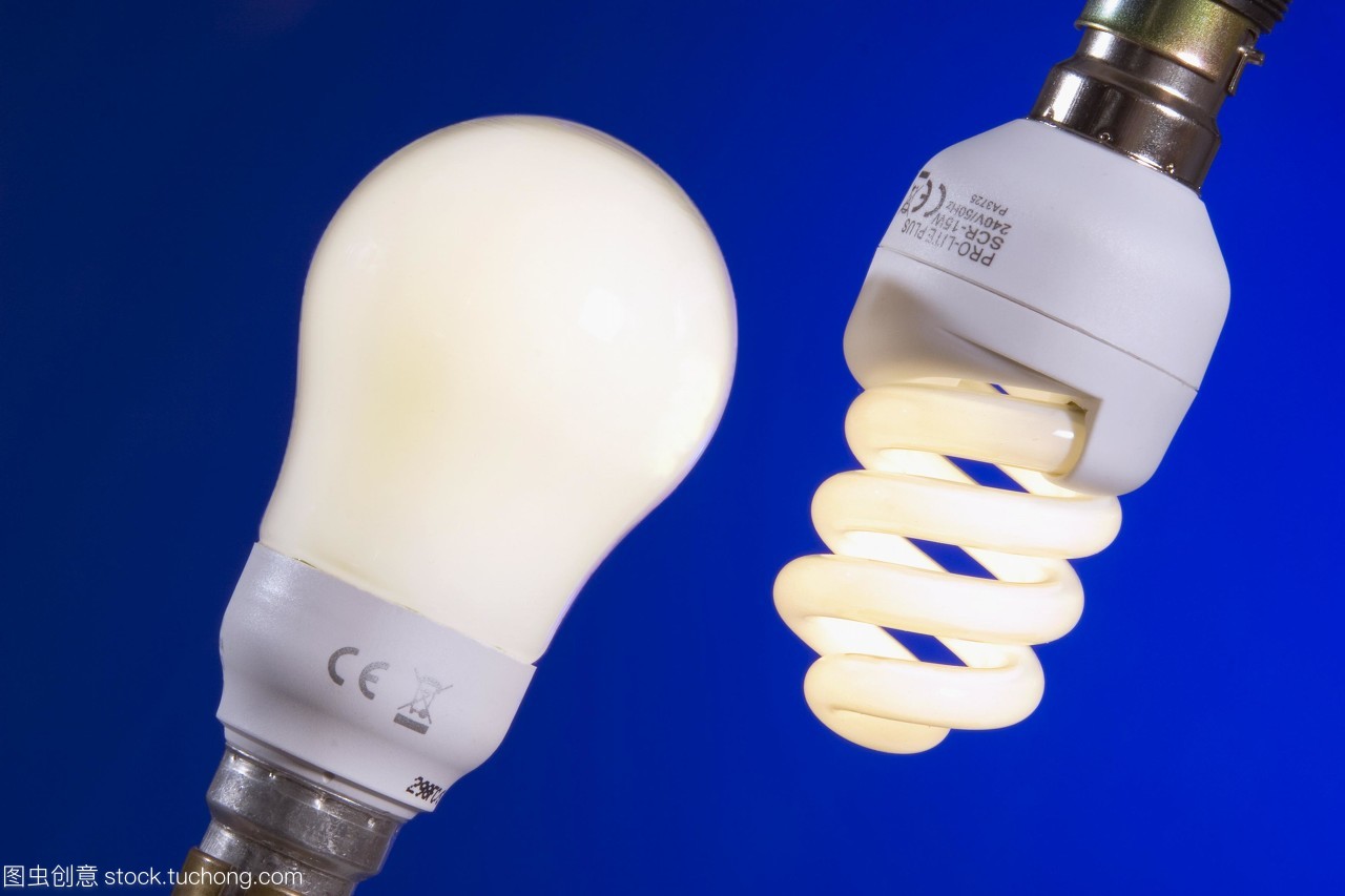 節能燈泡。兩種不同類型的緊湊型熒光燈cfl或節能燈泡,包括螺旋型左和圓形右。螺旋型為11瓦,相當于60瓦白熾燈。圓型為15瓦,相當于75瓦白熾燈。熒光燈泡比燈絲燈泡產生的熱量要少,因此更多的電能轉化為光,使它們更有效率。